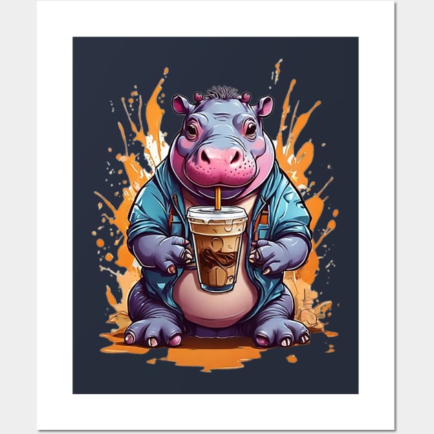 Iced Coffee and Baby Hippo Wall Art by likbatonboot
